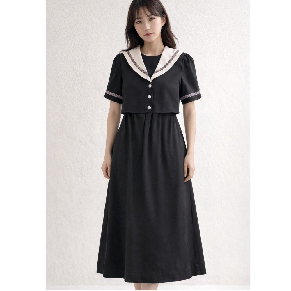 Vintage JBS Sailor Maxi Black Dress Nautical Collar Button Front Women's Size 6